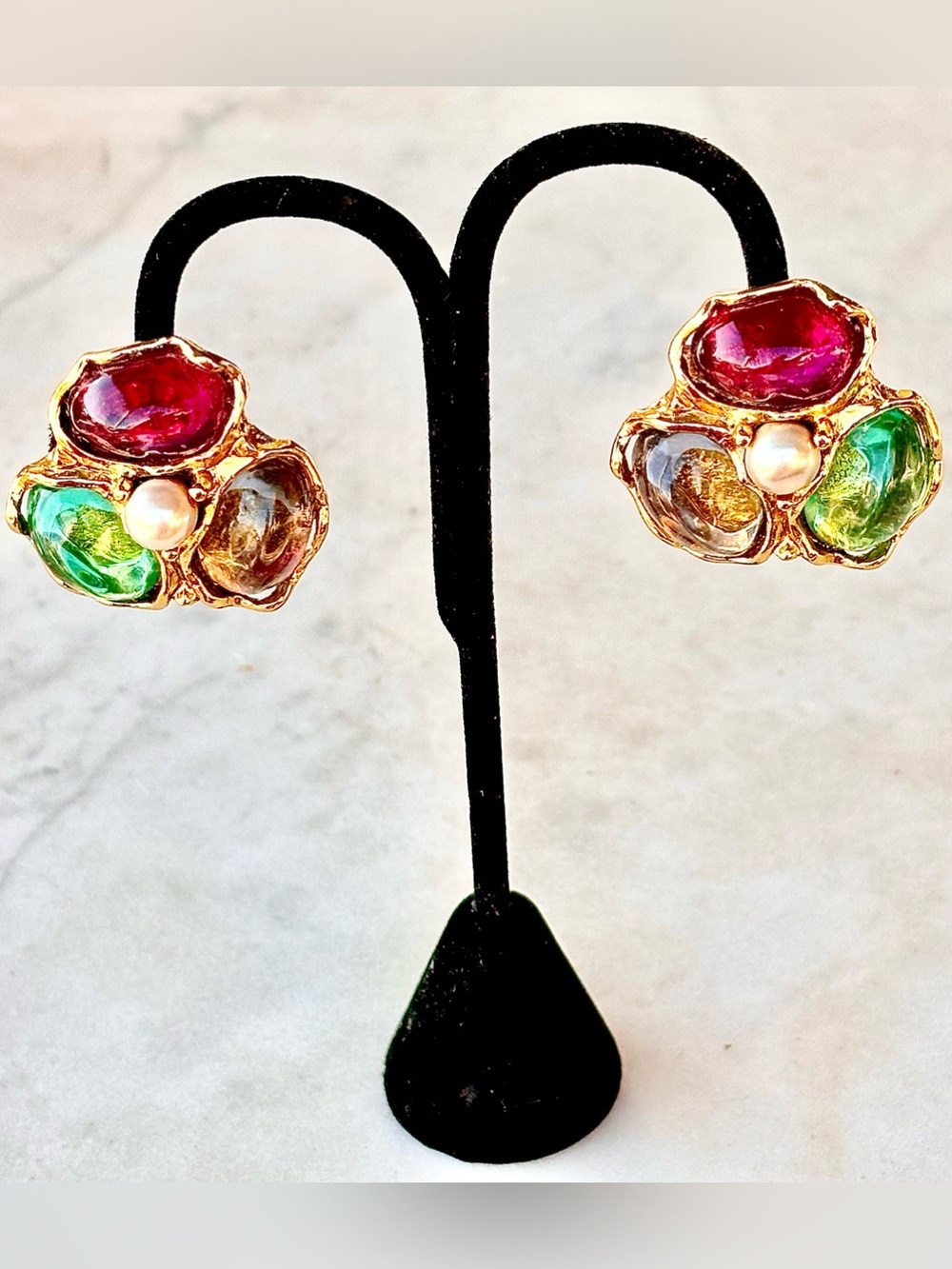 YVES SAINT LAURENT YSL EARRINGS CLIP VINTAGE 80s GOLD GRIPOIX GLASS CABS MULTI